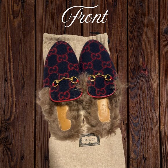 Gucci Princetown Slippers Mules Navy GG Wool Shearling Horsebit | Size 38 - Picture 1 of 3